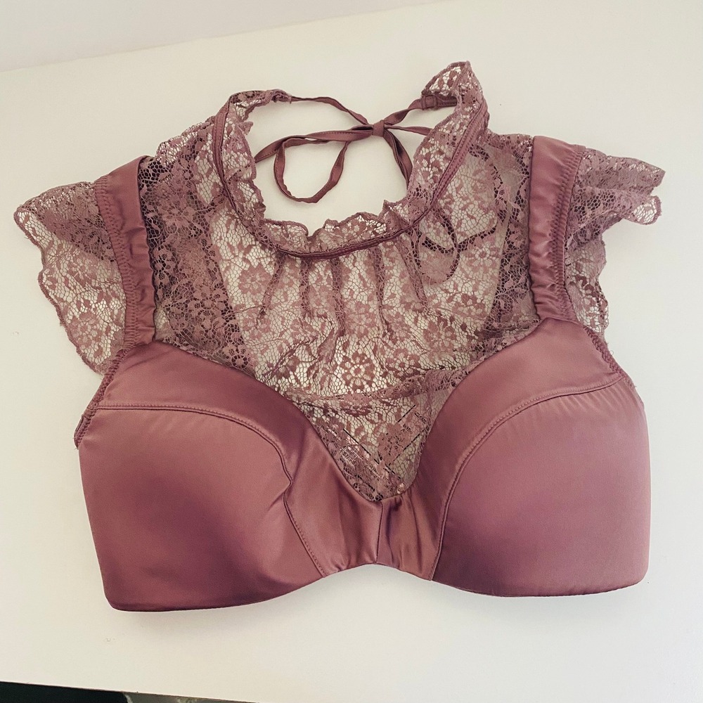 Victorias Secret Dream Angel Plunge Bra Lace MockNeck Ruffle Cap Sleeve Tie Back